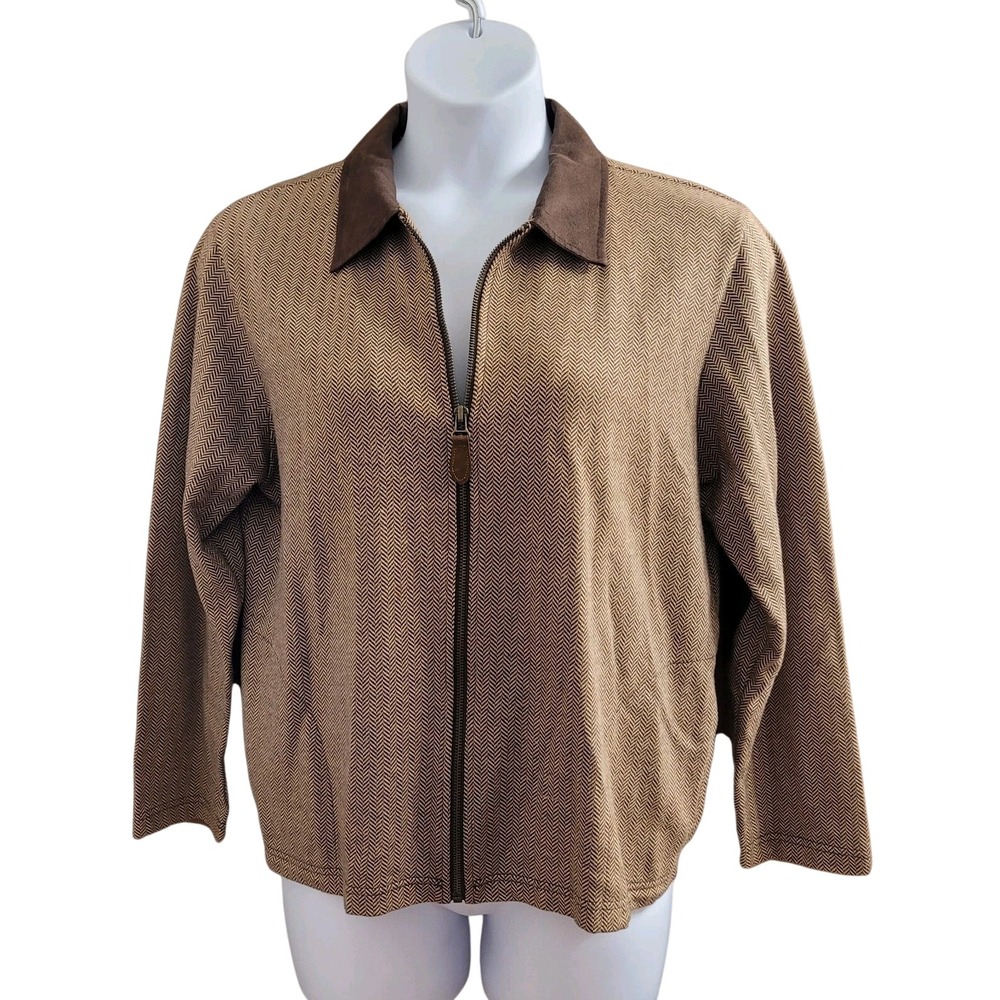 Women's Vtg Russ Picone Brown & Tan Herringbone Tweed Jacket Size L Elbow Pads